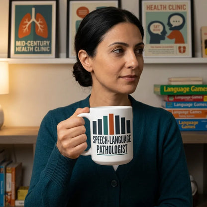 Mid-Century Clinic speech therapy mug — lifestyle