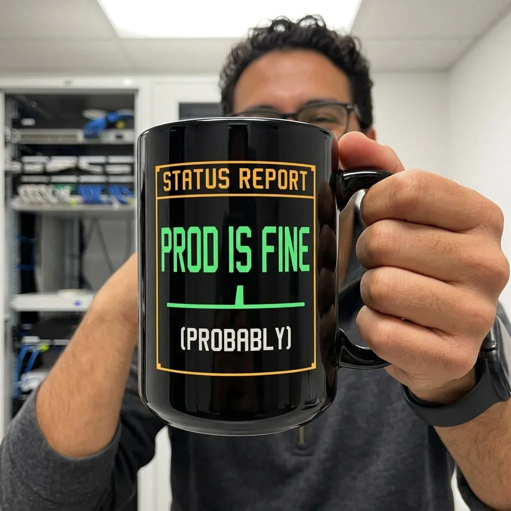 Prod Is Fine programmer mug — lifestyle