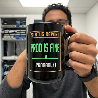 Prod Is Fine programmer mug — lifestyle