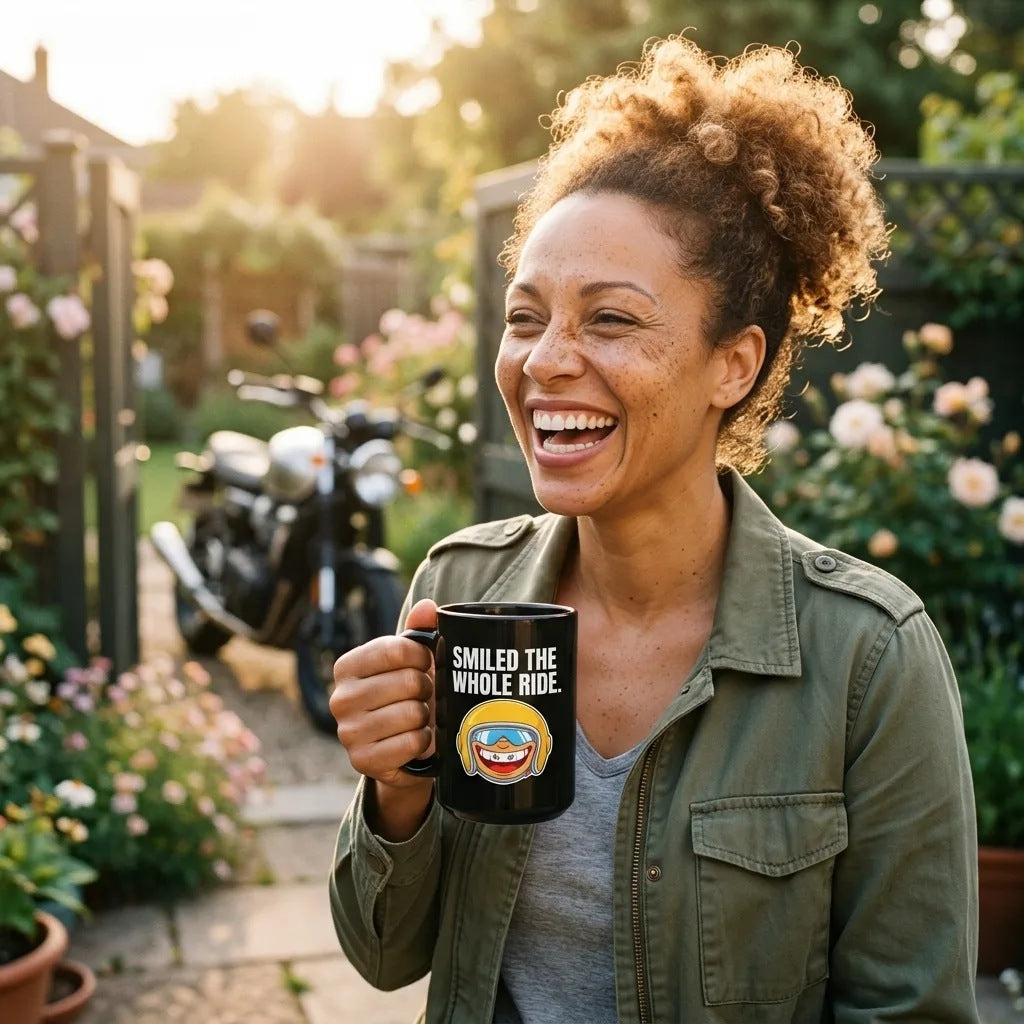 Smiled The Whole Ride funny motorcycle mug — lifestyle