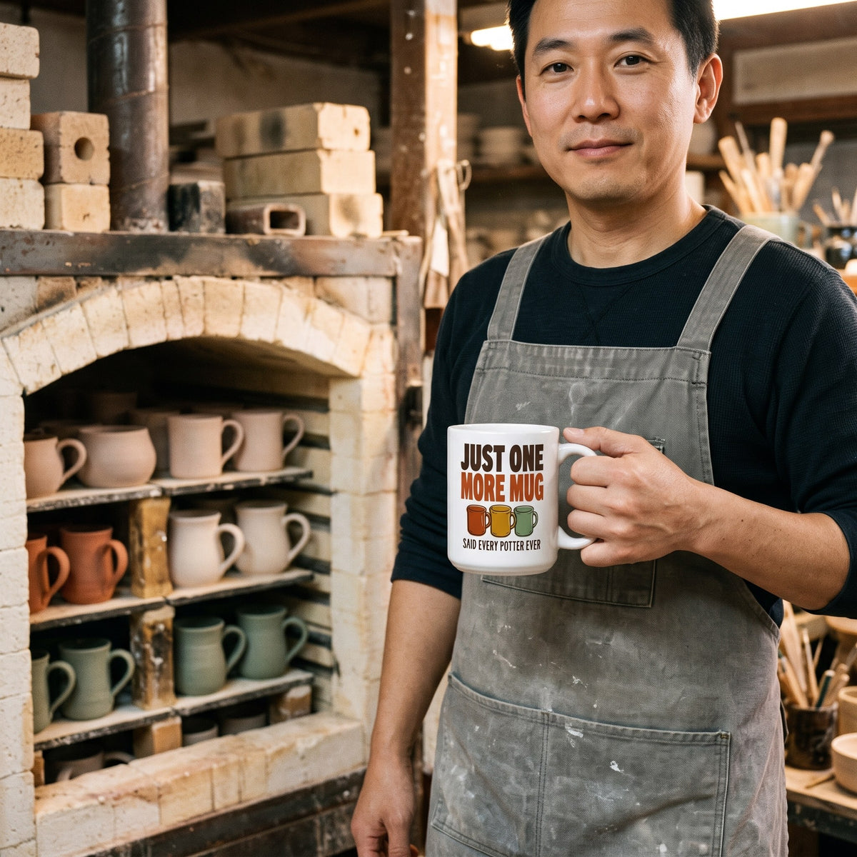Just One More Mug funny pottery mug — lifestyle