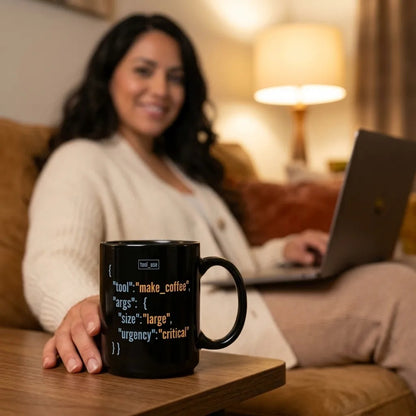 Tool Call Make Coffee AI engineer mug — lifestyle