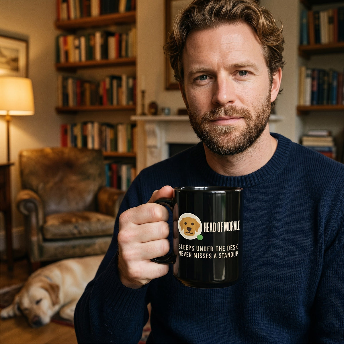 Head of Morale dog profile card mug — lifestyle
