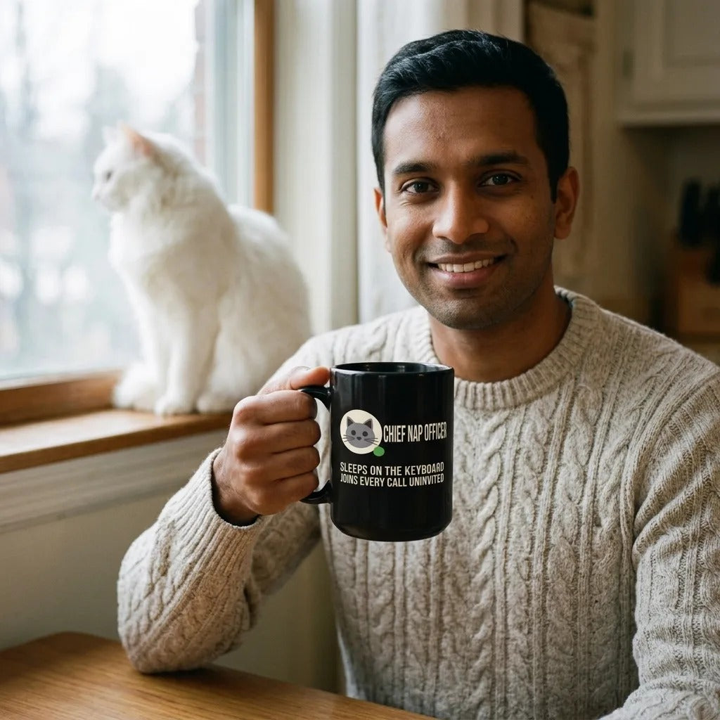 Chief Nap Officer cat profile card mug — lifestyle