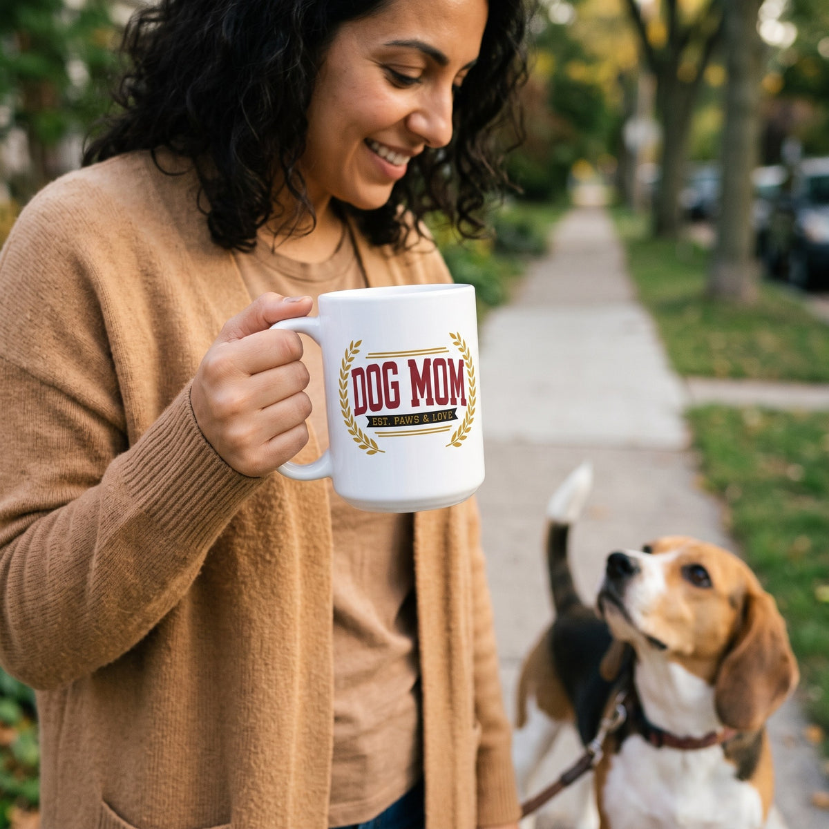 Dog Mom Est. Varsity Wordmark print — lifestyle