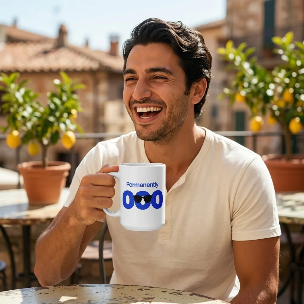 Permanently OOO out of office coffee mug — lifestyle