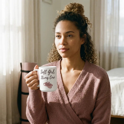 Soft Girl, Strong Core ballet-slipper pilates mug — lifestyle