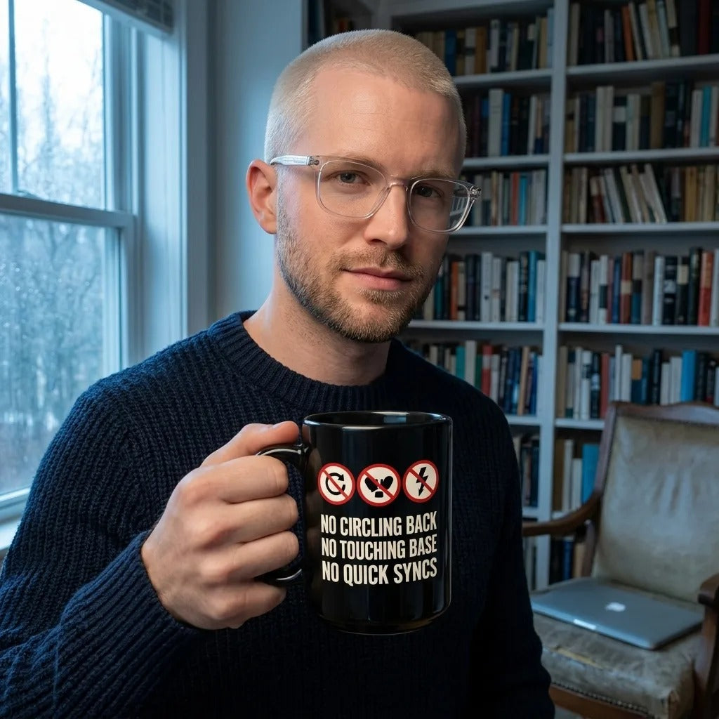 No Circling Back corporate jargon prohibition signs mug — lifestyle