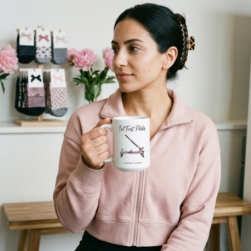 But First Pilates reformer line-art mug — lifestyle