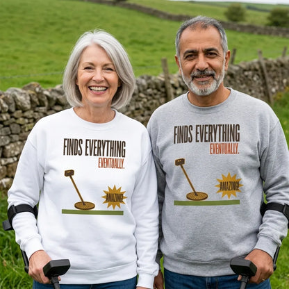 Finds Everything Eventually retro metal detecting crewneck sweatshirt — lifestyle