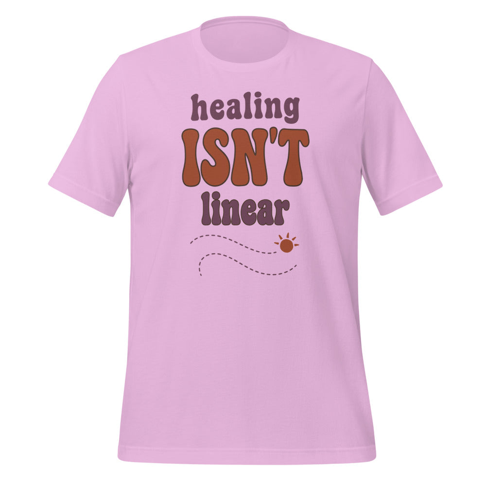 Healing Isn't Linear soft retro mental health tee — Lilac, front