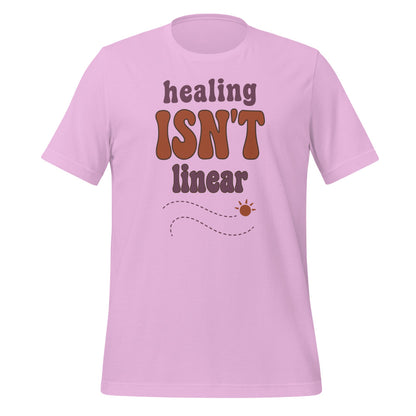 Healing Isn't Linear soft retro mental health tee — Lilac, front