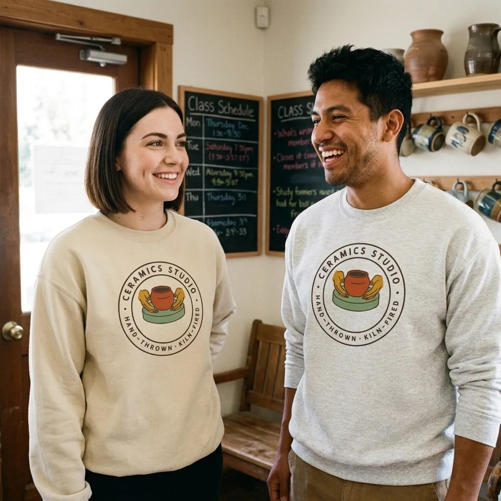 Ceramics Studio Badge hand-thrown pottery crewneck sweatshirt — lifestyle