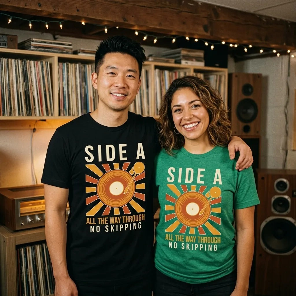 Side A No Skipping vinyl record tee — lifestyle