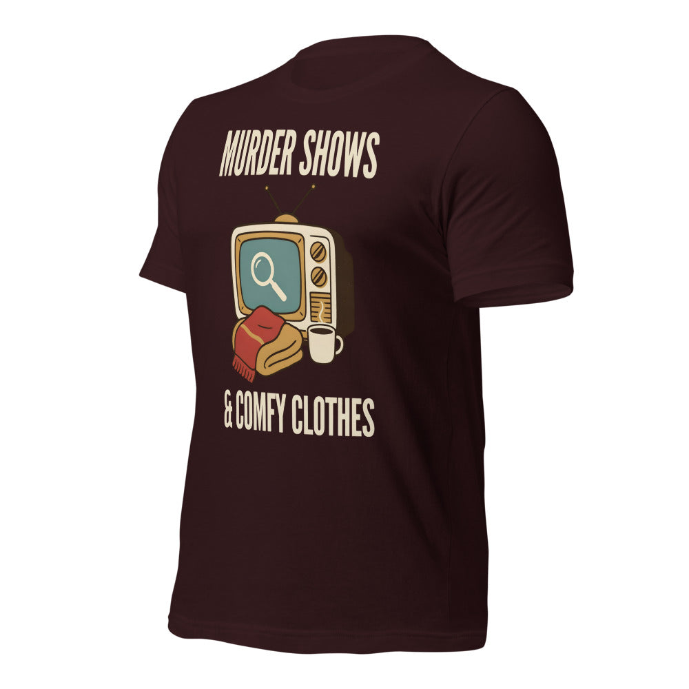 Murder Shows and Comfy Clothes cozy true crime tee — Oxblood Black, front-right