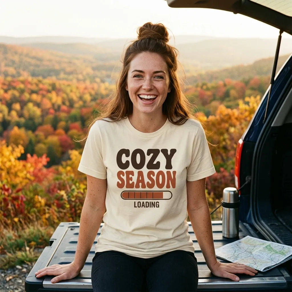 Cozy Season Loading retro 70s fall t-shirt — lifestyle