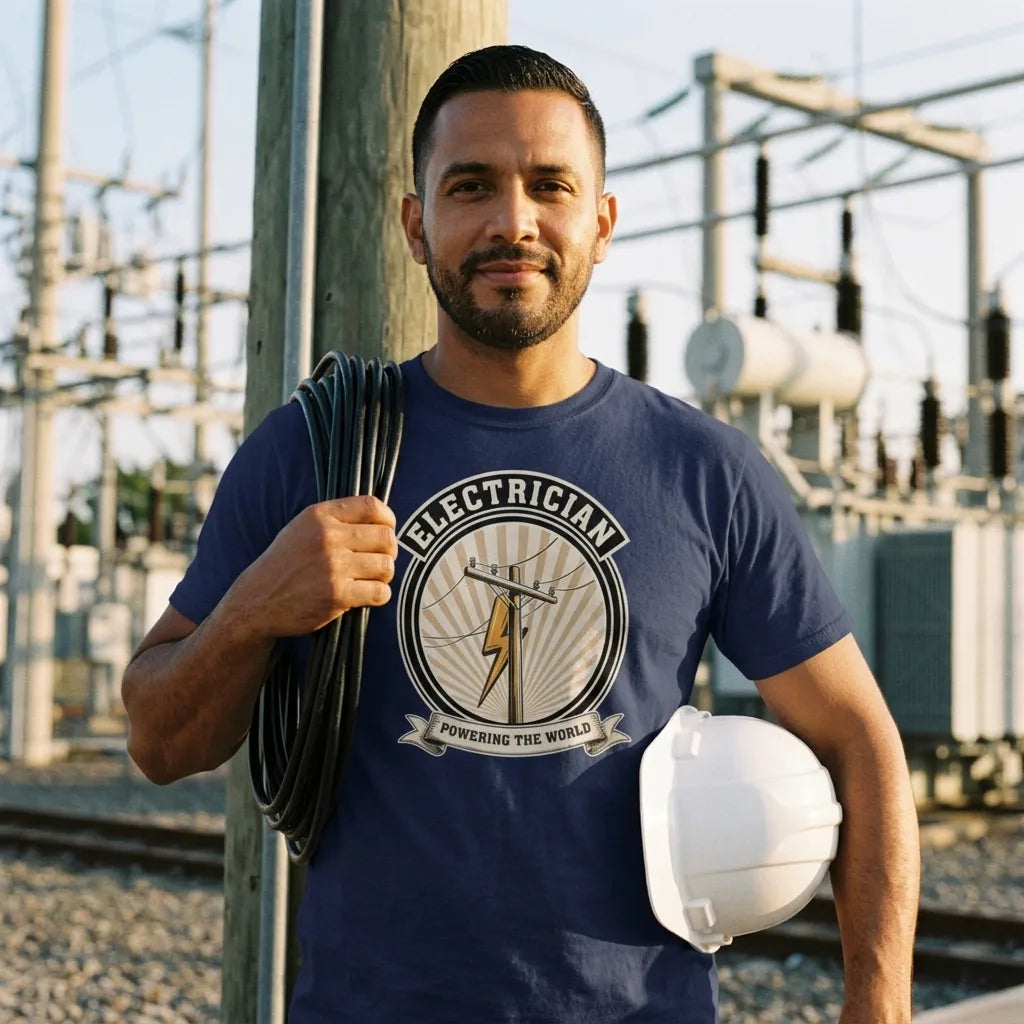 Powering The World electrician emblem tee — lifestyle