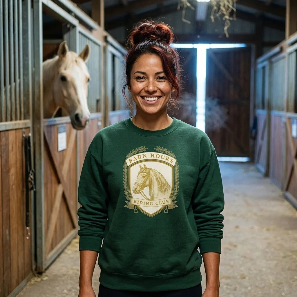 Barn Hours Riding Club vintage equestrian stable crest crewneck sweatshirt — lifestyle