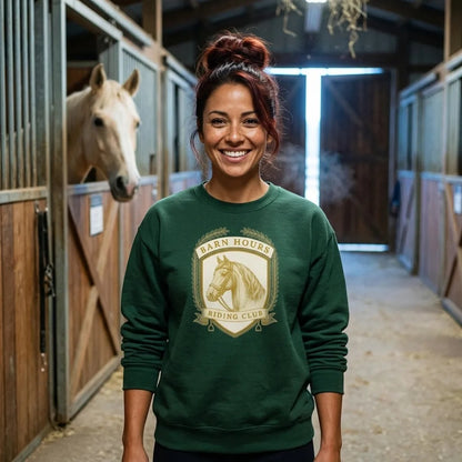 Barn Hours Riding Club vintage equestrian stable crest crewneck sweatshirt — lifestyle