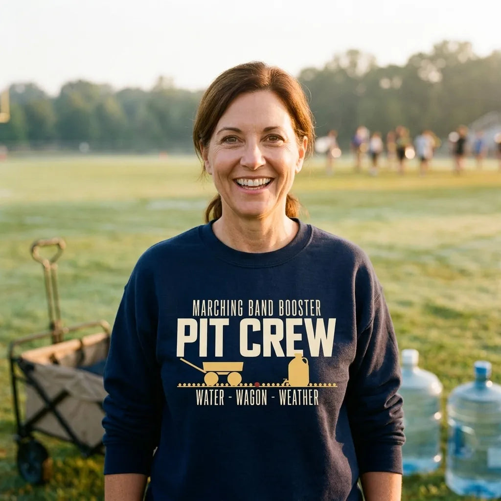 Pit Crew marching band booster crewneck sweatshirt — lifestyle