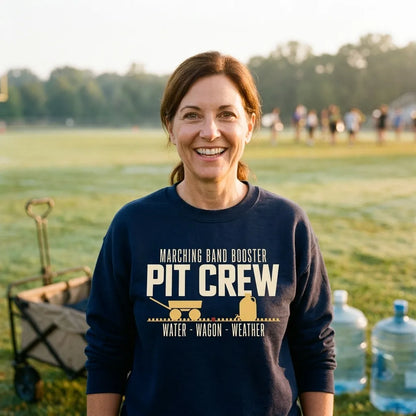 Pit Crew marching band booster crewneck sweatshirt — lifestyle