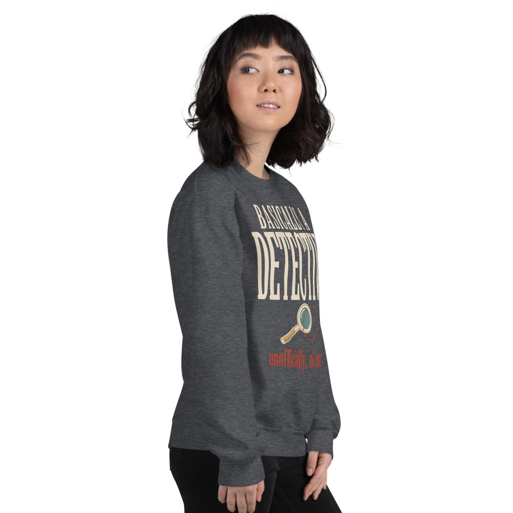 Basically a Detective vintage true crime crewneck sweatshirt — Dark Heather, on model