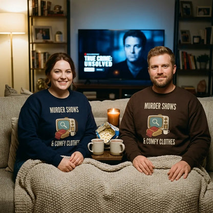 Murder Shows and Comfy Clothes cozy true crime crewneck — two friends watching a true crime documentary, Navy and Dark Chocolate