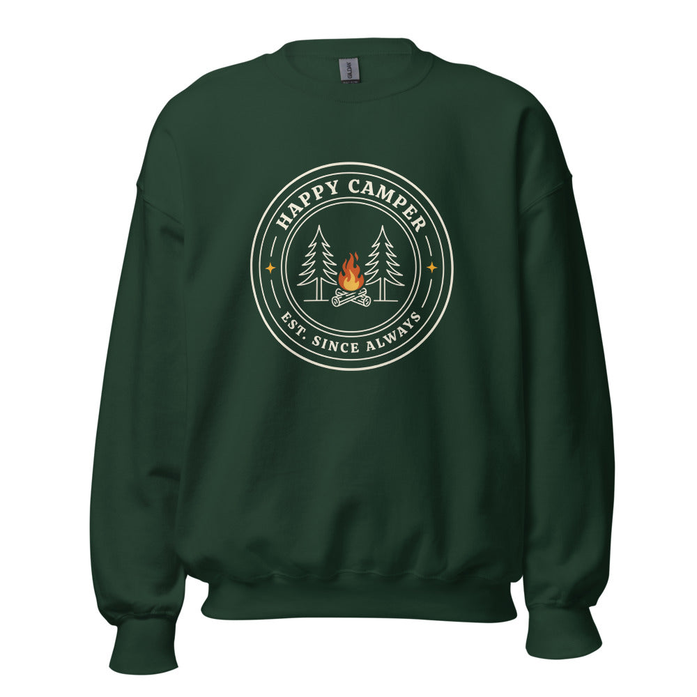 Happy Camper retro camp badge crewneck sweatshirt — Forest Green, front