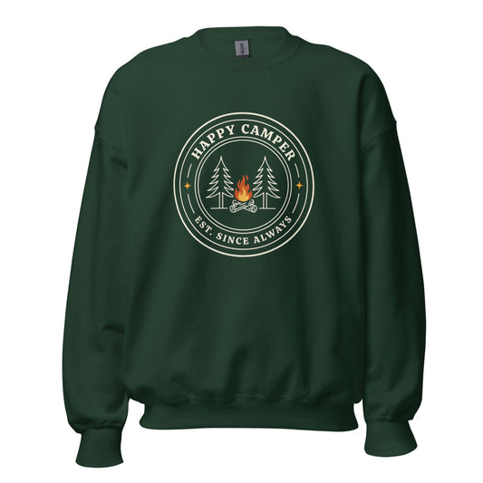 Happy Camper retro camp badge crewneck sweatshirt — Forest Green, front