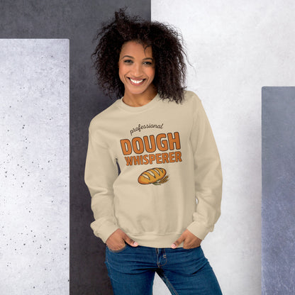 Professional Dough Whisperer funny baker crewneck sweatshirt — Sand, on model