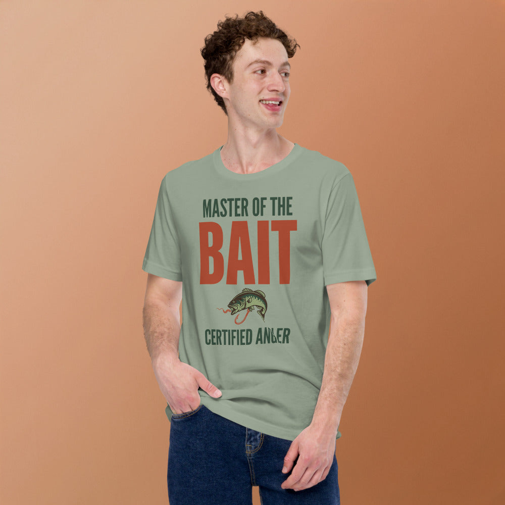Master of the Bait retro fishing humor typography tee — Sage, on model