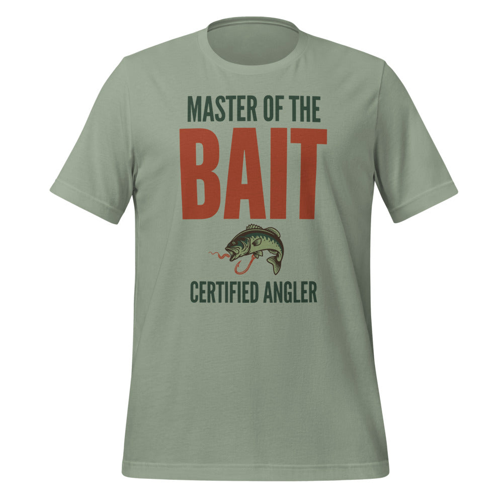 Master of the Bait retro fishing humor typography tee — Sage, front