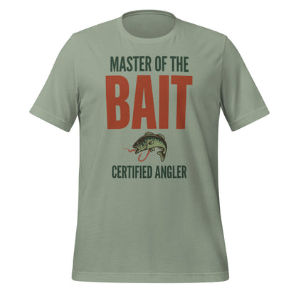 Master of the Bait retro fishing humor typography tee — Sage, front
