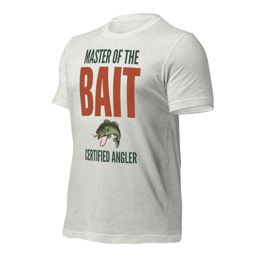 Master of the Bait retro fishing humor typography tee — Ash, front-right
