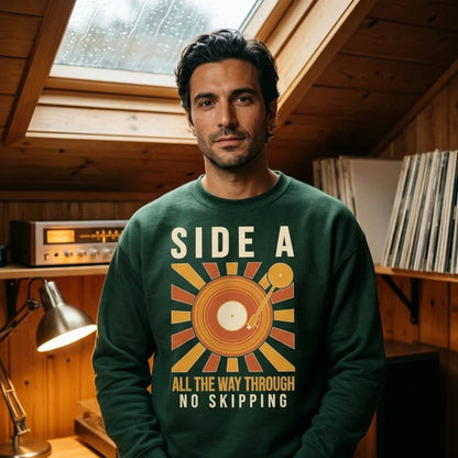 Side A No Skipping vinyl record crewneck sweatshirt — lifestyle