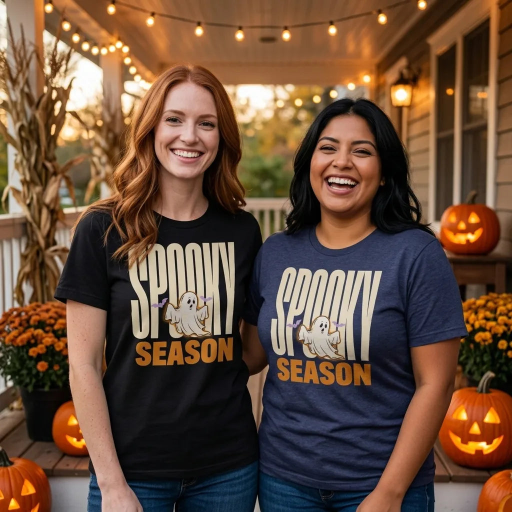 Spooky Season retro Halloween ghost tee — two friends on an autumn porch at dusk, Black and Heather Midnight Navy