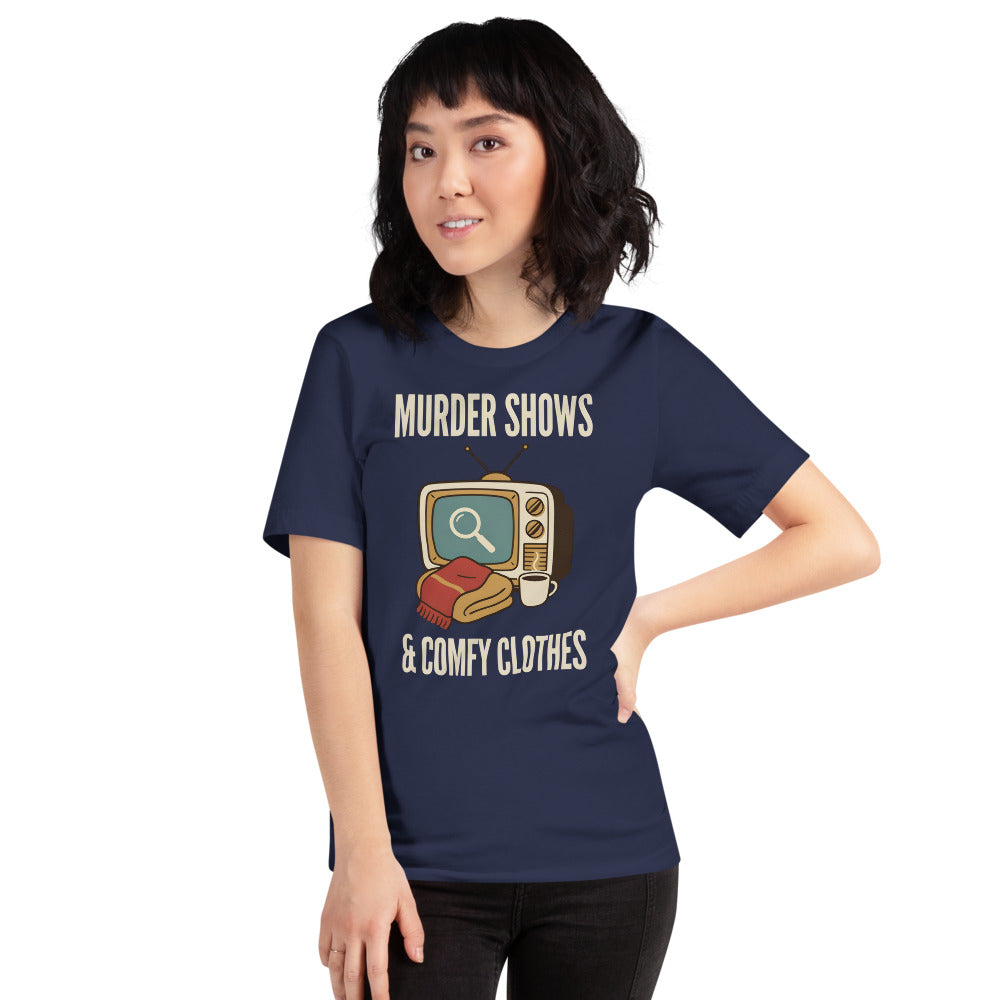 Murder Shows and Comfy Clothes cozy true crime tee — Navy, on model