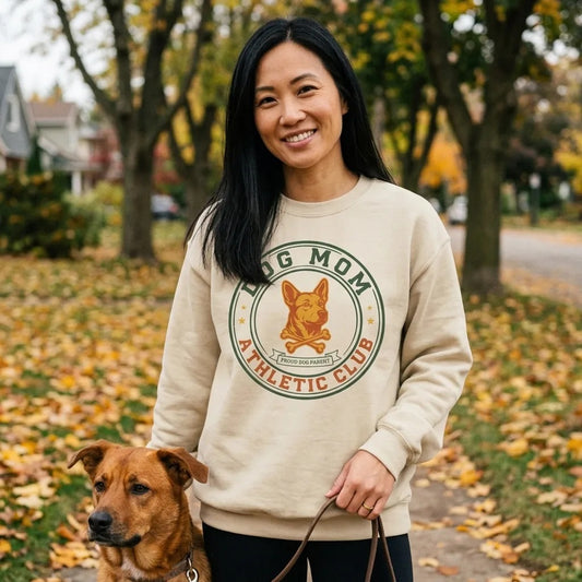 Dog Mom Athletic Club vintage varsity crest crewneck sweatshirt — lifestyle