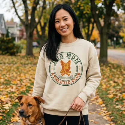 Dog Mom Athletic Club vintage varsity crest crewneck sweatshirt — lifestyle