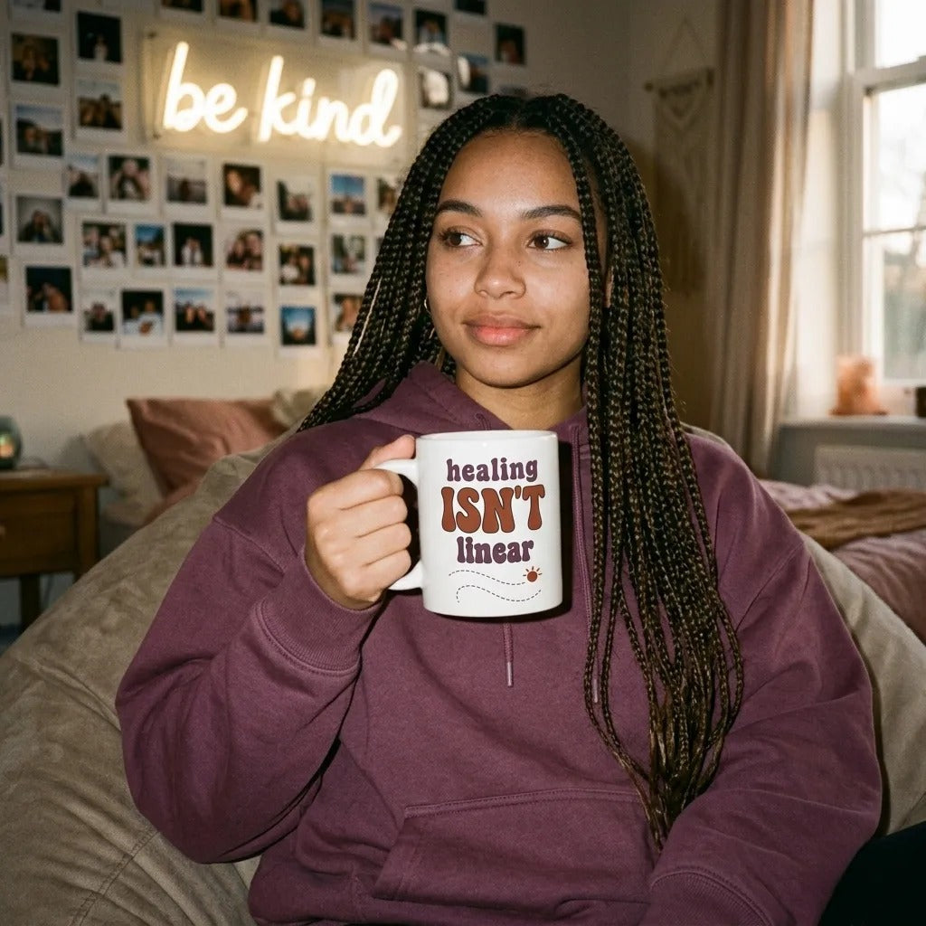 Healing Isn't Linear soft retro mental health mug — lifestyle