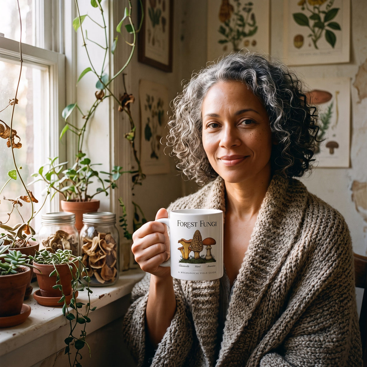 Forest Fungi vintage mushroom field guide mug — lifestyle