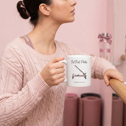 But First Pilates reformer line-art mug — lifestyle
