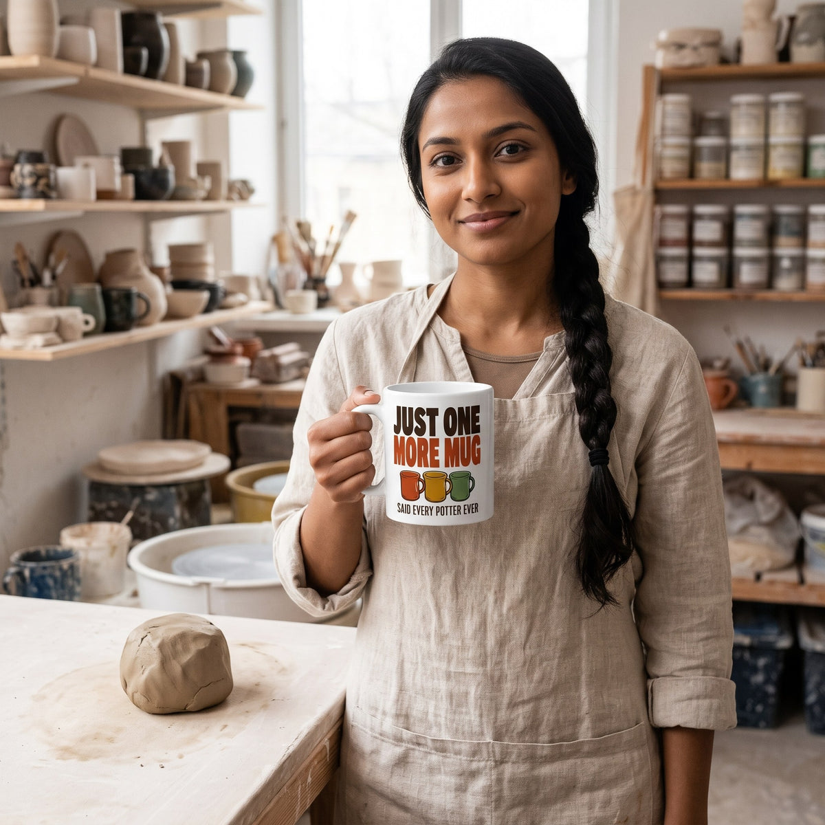 Just One More Mug funny pottery mug — lifestyle