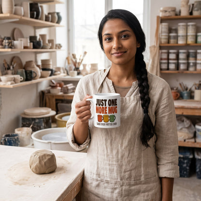 Just One More Mug funny pottery mug — lifestyle