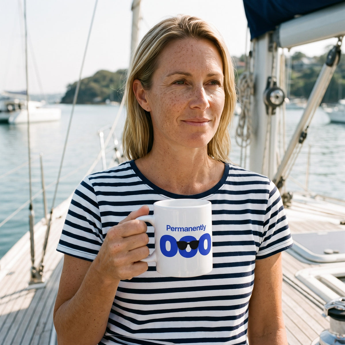 Permanently OOO out of office coffee mug — lifestyle
