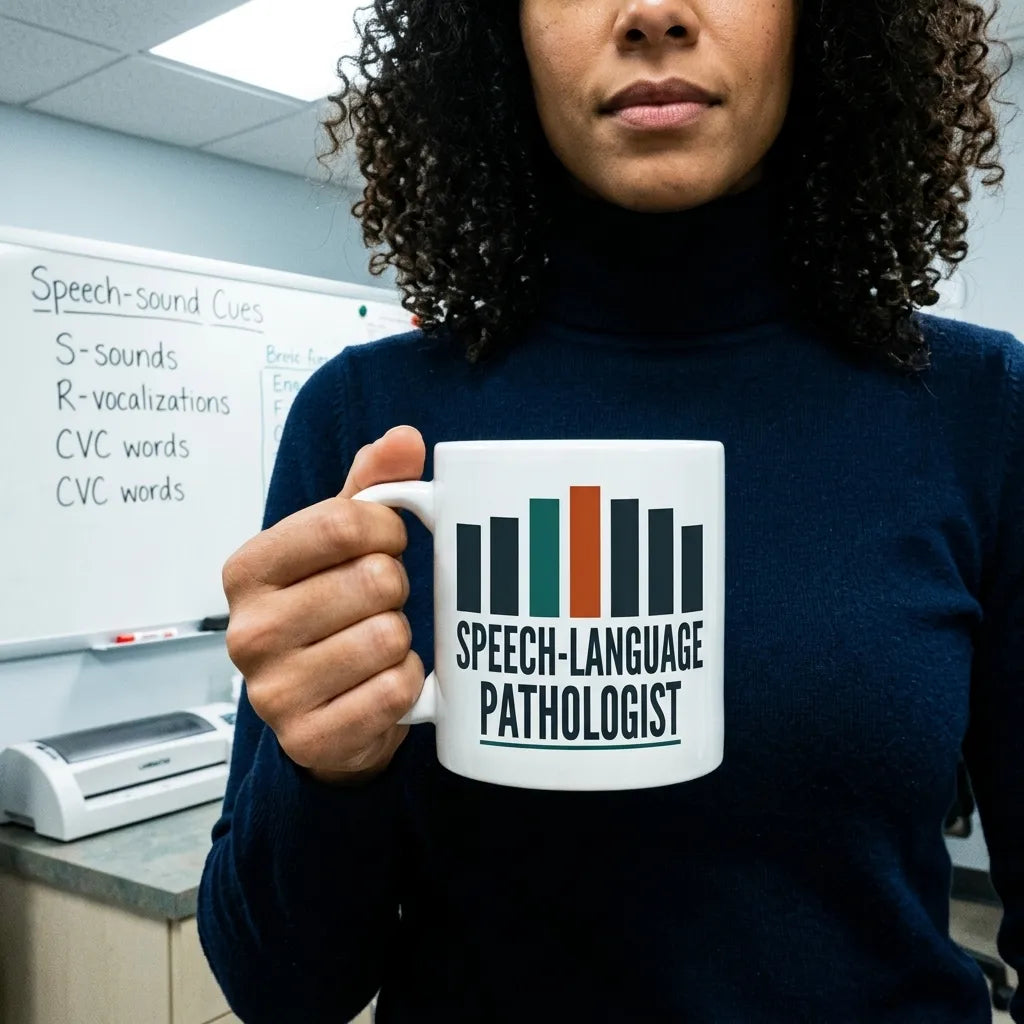 Mid-Century Clinic speech therapy mug — lifestyle