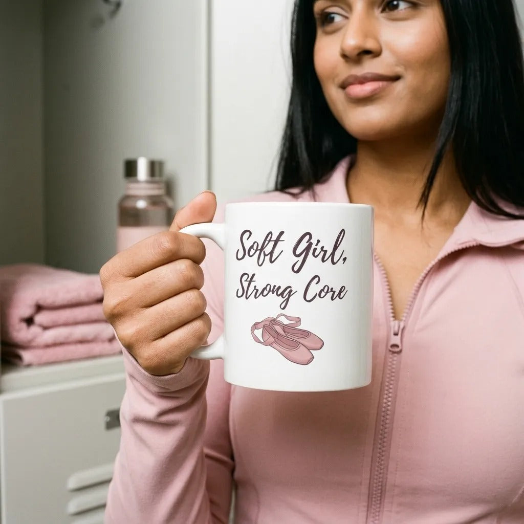Soft Girl, Strong Core ballet-slipper pilates mug — lifestyle