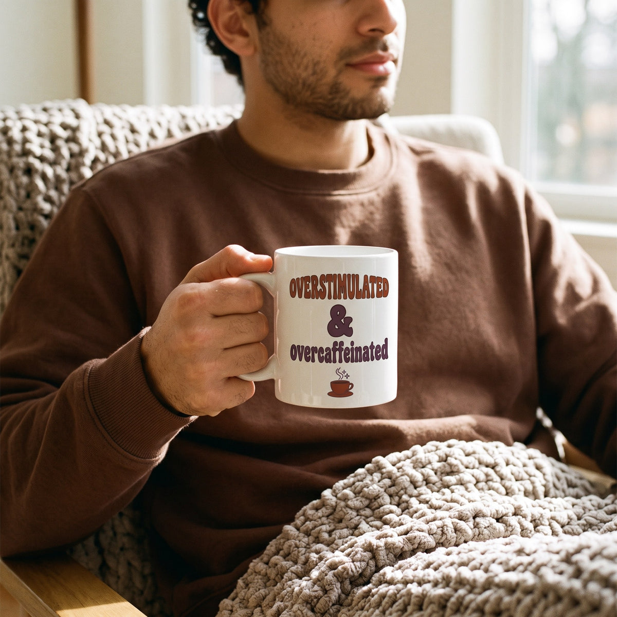 Overstimulated & Overcaffeinated funny mental health mug — lifestyle