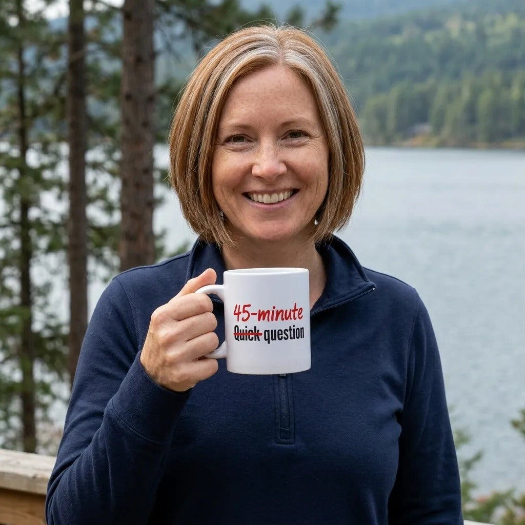 Quick Question funny office coffee mug — lifestyle