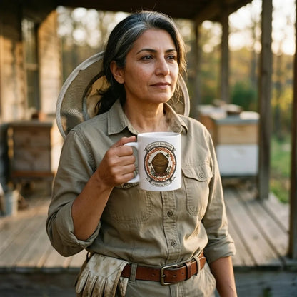 Backyard Beekeeper Keeper of Bees vintage apiary crest ceramic mug — lifestyle